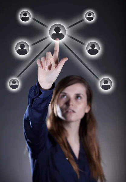 Woman's hand pushing social media button, touch screen — Stock Photo, Image