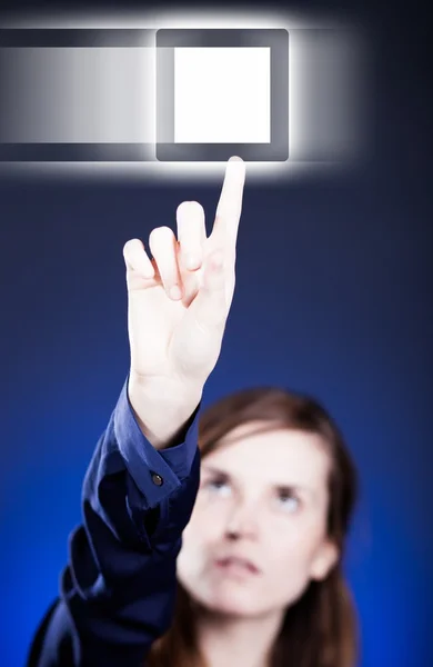 Woman's hand pushing button on touch screen — Stock Photo, Image