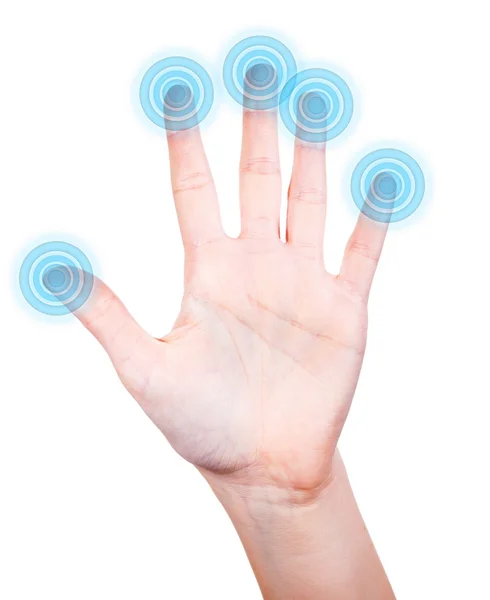 Palm of female hand and touch screen — Stock Photo, Image