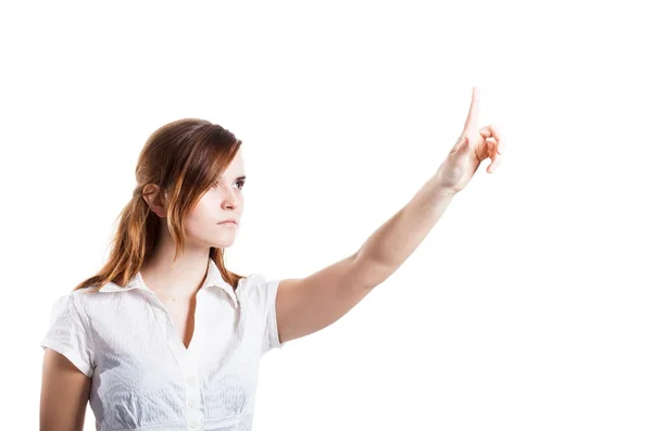 Mujer con la mano levantada y un dedo aislado blanco — Foto de Stock