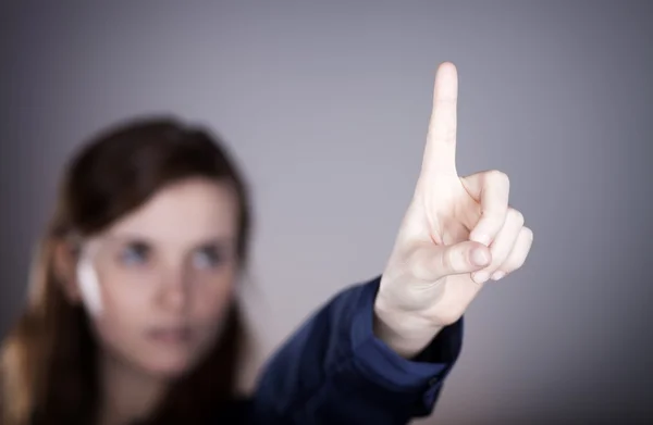 Vrouw hand, één vinger wijzen iets — Stockfoto