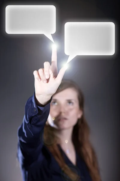 Woman's hand pointing speech bubbles, touch screen — Stock Photo, Image