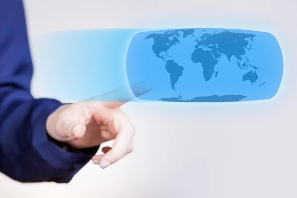Woman's hand pushing world map button, touch screen — Stock Photo, Image