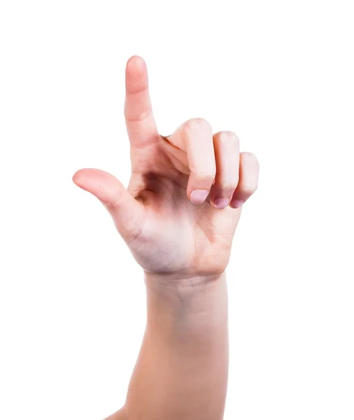 Mano de mujer con dedo, aislada en blanco — Foto de Stock