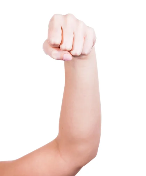 Woman's hand with fist breaking glass, isolated white — Stock Photo, Image