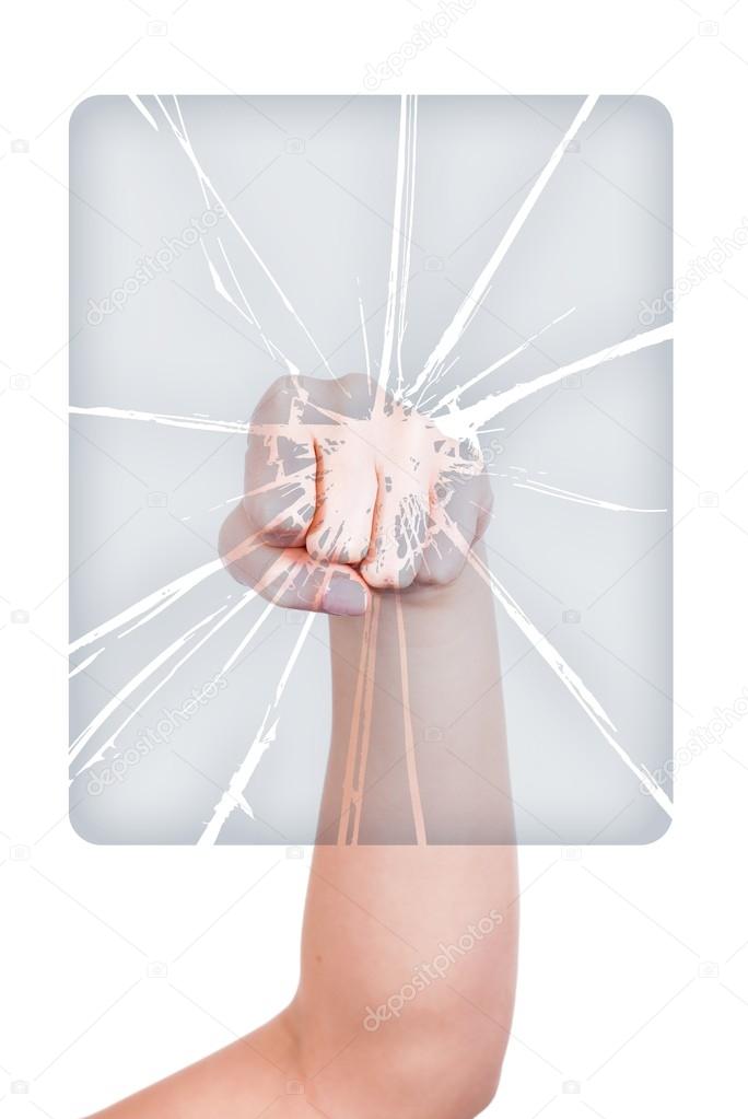 Woman's hand with fist breaking glass, isolated white