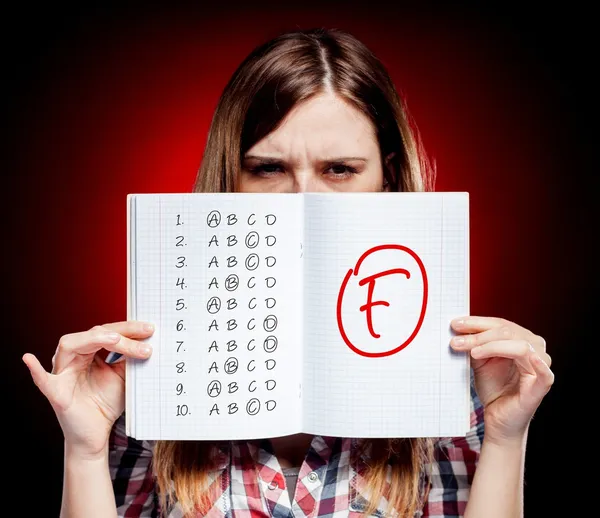 School grade of exam and disappointed girl — Stock Photo, Image