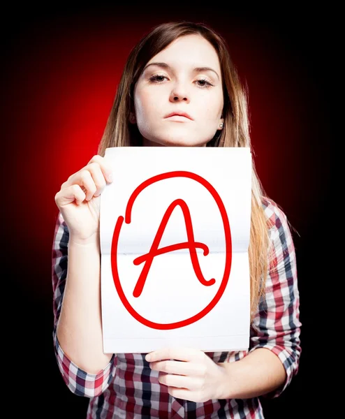 Perfect school grade A of exam and proud girl — Stock Photo, Image