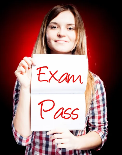 Examen o examen aprobado y chica feliz — Foto de Stock