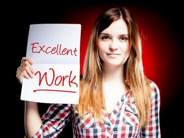 Excellent work, exam and happy woman — Stock Photo, Image