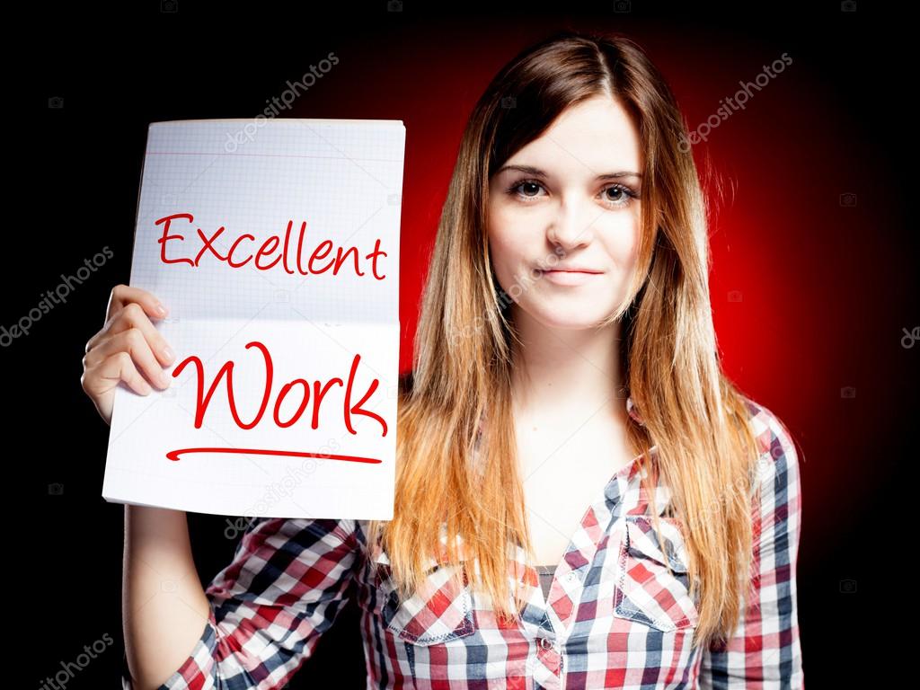 Excellent work, exam and happy woman