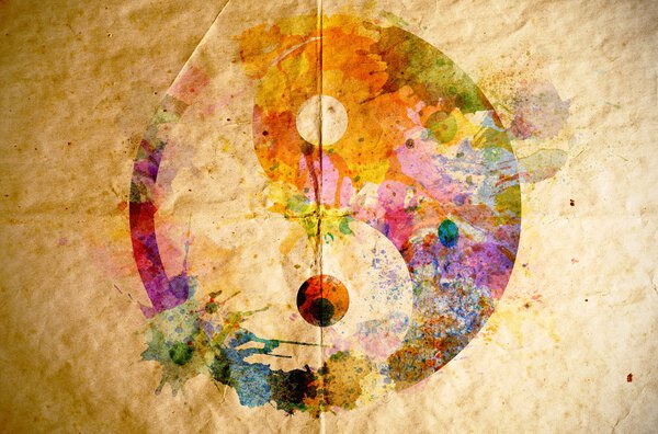 Watercolor yin yang symbol, old paper background