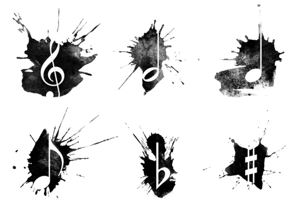 Splatter di inchiostro, icone musicali impostate su sfondo bianco — Foto Stock