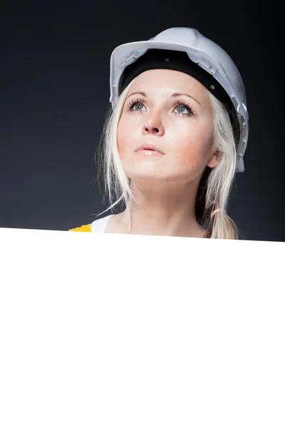 Young architect woman, empty banner — Stock Photo, Image