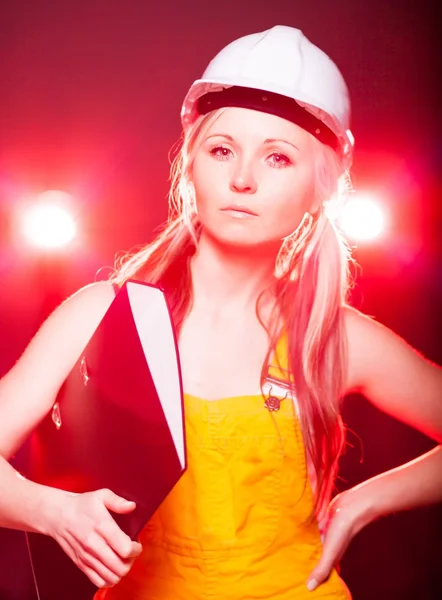 Young architect woman construction worker, blueprints — Stock Photo, Image