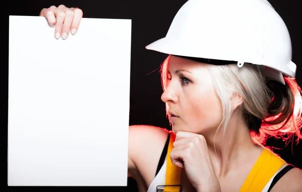 Young architect woman construction worker, empty banner — Stock Photo, Image