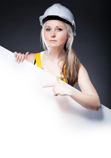 Young architect woman, empty banner — Stock Photo, Image