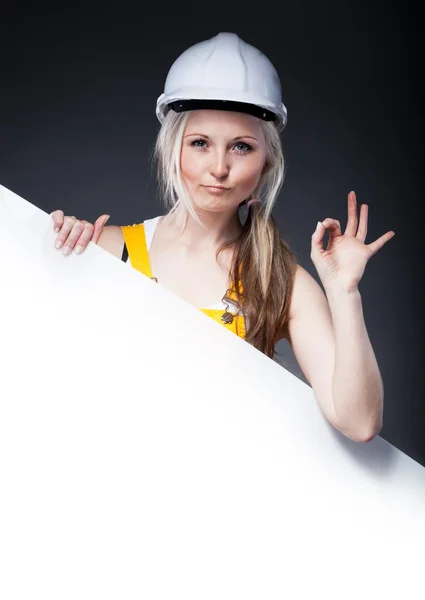 Young architect woman, empty banner — Stock Photo, Image