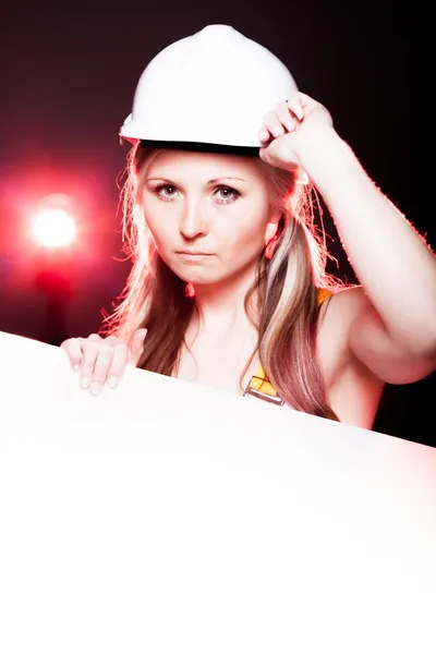Jovem arquiteto mulher trabalhador da construção, moldura vazia — Fotografia de Stock