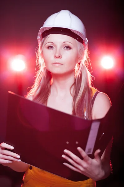 Young architect woman construction worker, blueprints — Stock Photo, Image