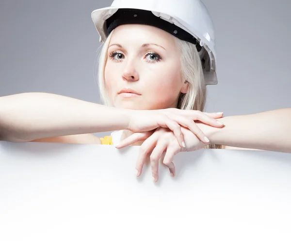 Young builder woman construction worker, empty frame — 스톡 사진