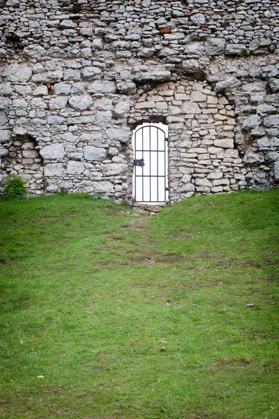 Porta in vecchio muro del castello di pietra, dettaglio architettonico — Foto Stock