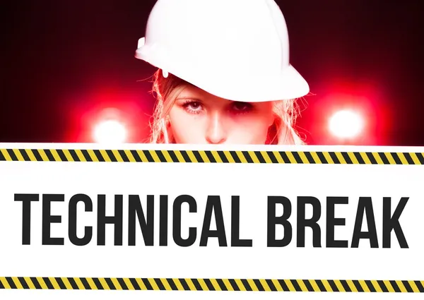 Worker holding technical break sign on information board — Stock Photo, Image