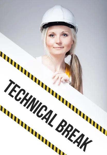 Technical break placed on information board, worker woman — Stock Photo, Image