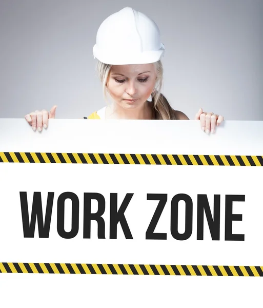 Work zone sign on information poster, worker woman — Stock Photo, Image