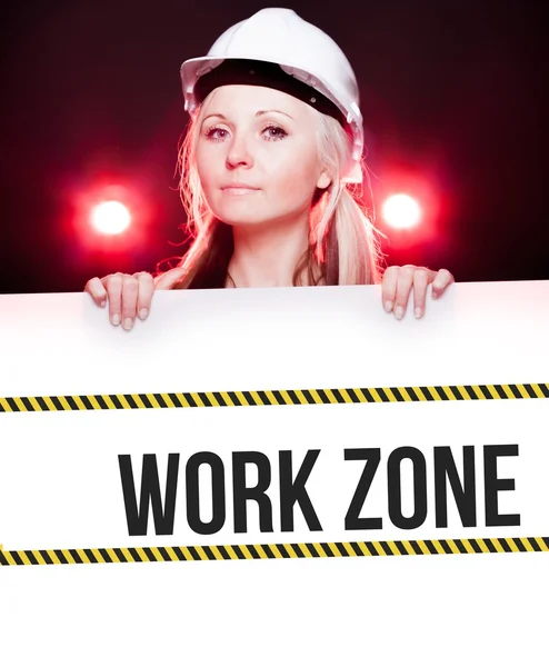 Work zone sign on information poster, worker woman — Stock Photo, Image