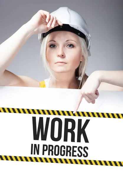 Work in progress sign on information poster, worker woman Stock Photo ...