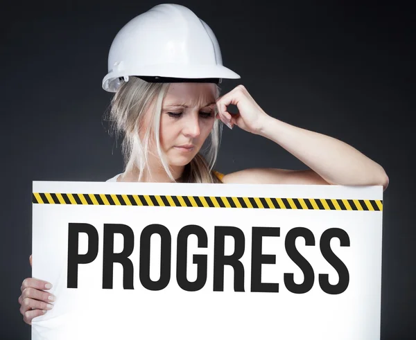 Progress sign on information board, thinking worker — Stock Photo, Image