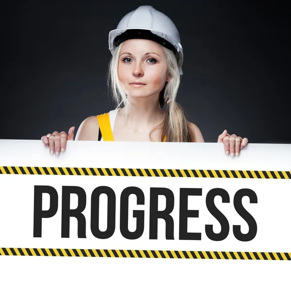 Sinal de progresso no quadro modelo, mulher trabalhador — Fotografia de Stock