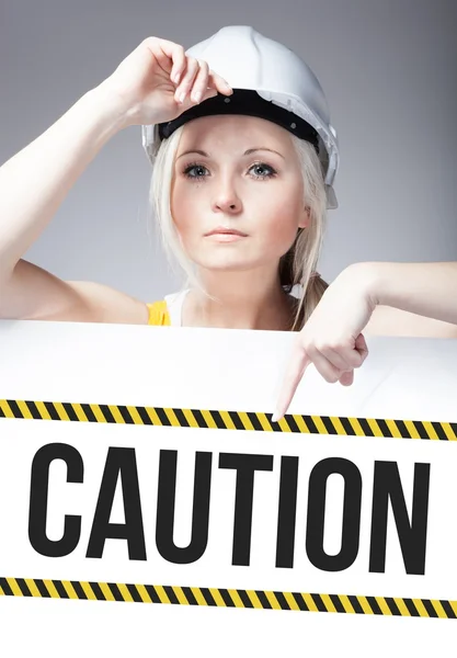 Assine com cautela no quadro modelo, mulher trabalhador — Fotografia de Stock