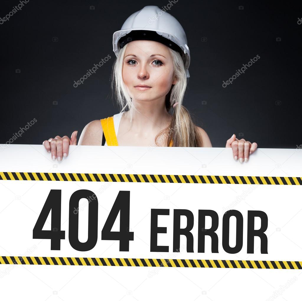 404 error sign on template board, worker woman