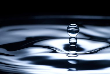 su damlası ve splash yakın up, koyu mavi renk