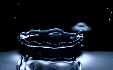 su damlası ve splash yakın up, koyu mavi renk