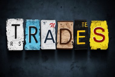 Trades word on vintage car license plates, concept sign clipart
