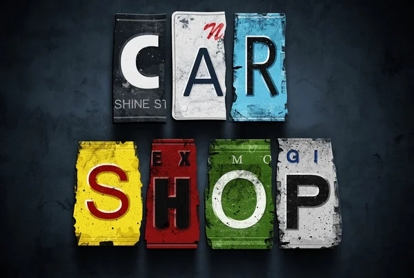 Palavra de loja de carro em placas de licença vintage, sinal de conceito — Fotografia de Stock