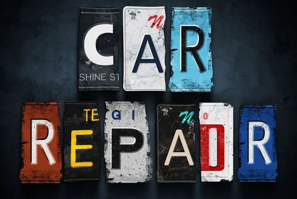 Car repair word on vintage license plates, concept sign — Stock Photo, Image