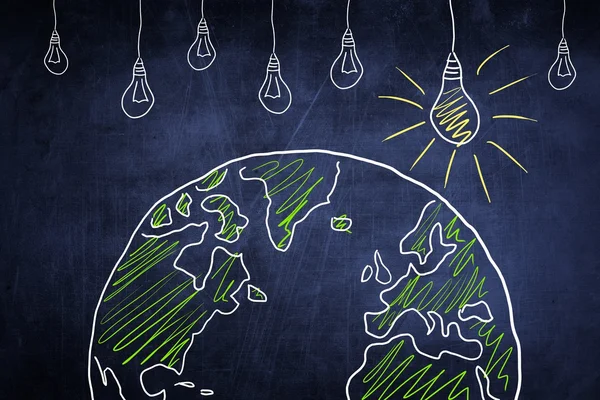 Begreppet världen världen skiss med lampa, ekologi idé — Stockfoto