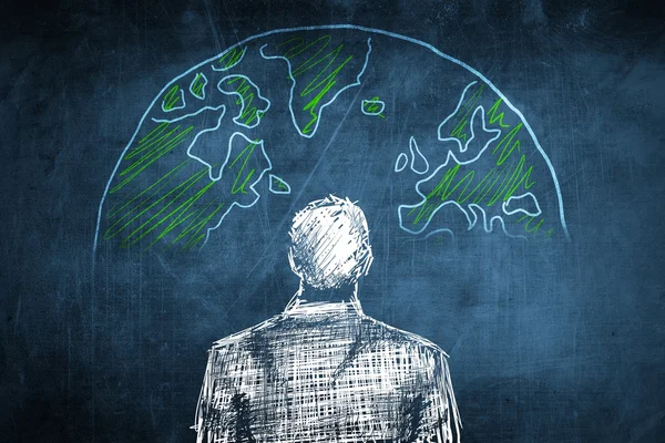 Sketch conceito global de homem de negócios, globo terrestre — Fotografia de Stock