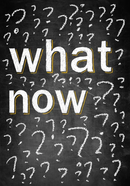 What now on chalk board with many question marks — Stock Photo, Image