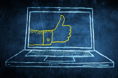 el başparmak göstermek yukarıya ile netbook bilgisayar ekran konsepti Eskiz