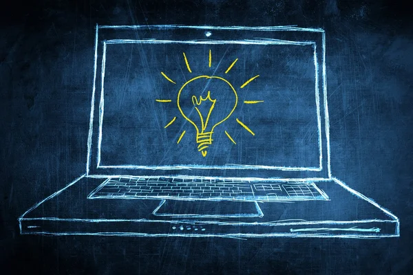 Sketch netbook computer screen concept with idea light bulb — Stock Photo, Image