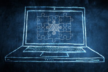 netbook bilgisayar ekranı kavram bulmaca ile başarı simgesi olarak kroki