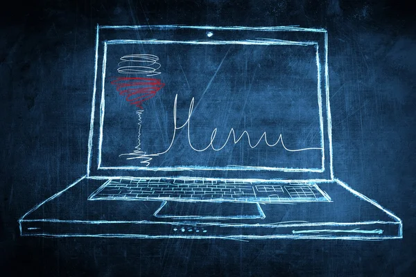 草绘上网本电脑屏幕概念与葡萄酒菜单。 — 图库照片