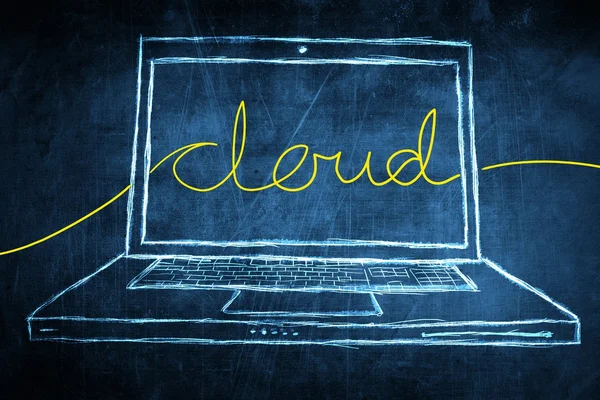 Σκίτσο netbook υπολογιστή οθόνη internet έννοια με τη λέξη σύννεφο — Φωτογραφία Αρχείου