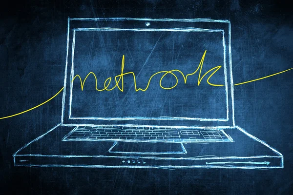 Sketch netbook computer screen internet concept with network word — Stock Photo, Image