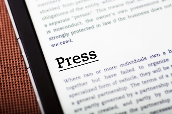 Press on tablet screen, ebook concept — Stock Photo, Image